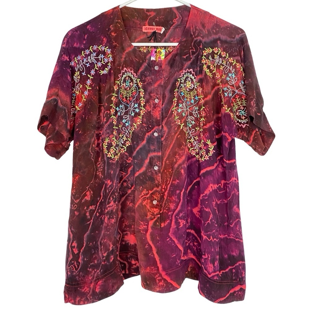 Johnny Was Silk Blouse Top Womens Size Small Embroidered Tie Dye Henley Shirt